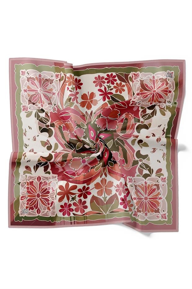 Menekşe Karışık Çiçek Desen Twill İpek Eşarp