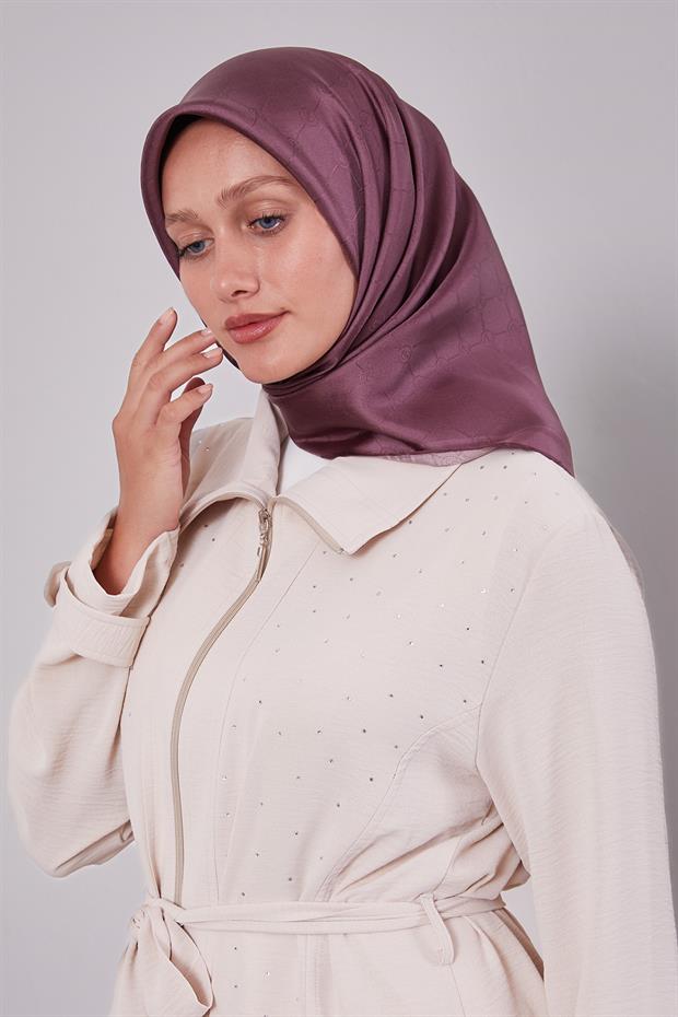 Menekşe Kenar Şeritli Monogram İpek Eşarp