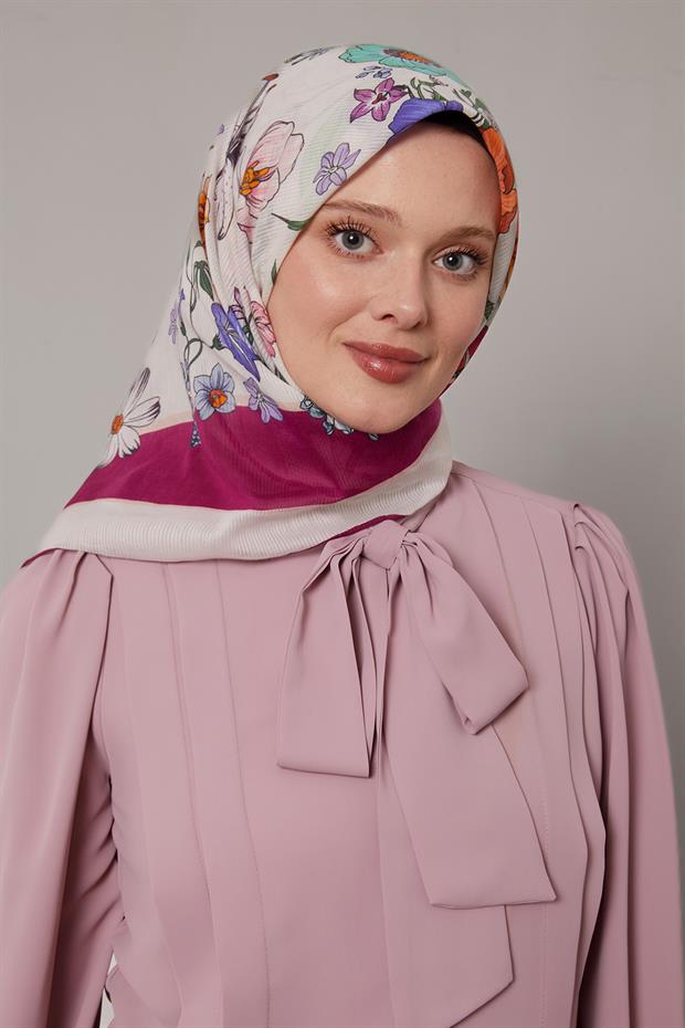 Menekşe Papatya Desen Pamuk Eşarp