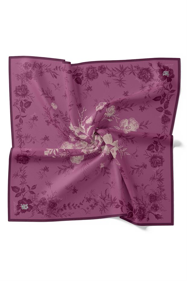 Menekşe Soyut Gül Desen Twill İpek Eşarp