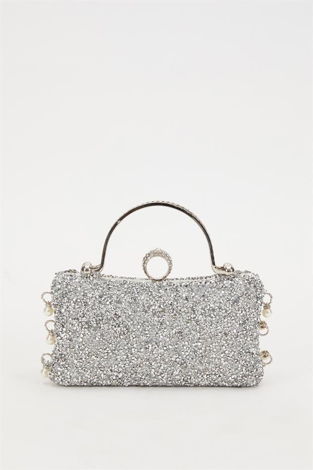 Mini Gümüş Beyaz Taş İşleme Saplı Abiye El Çantası