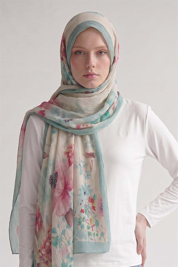 Mint Yeşili Çiçek Desen Müslin Şal