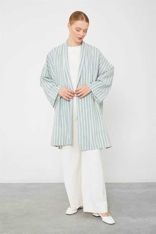 Mint Yeşili Çizgili Desen Kimono Takım