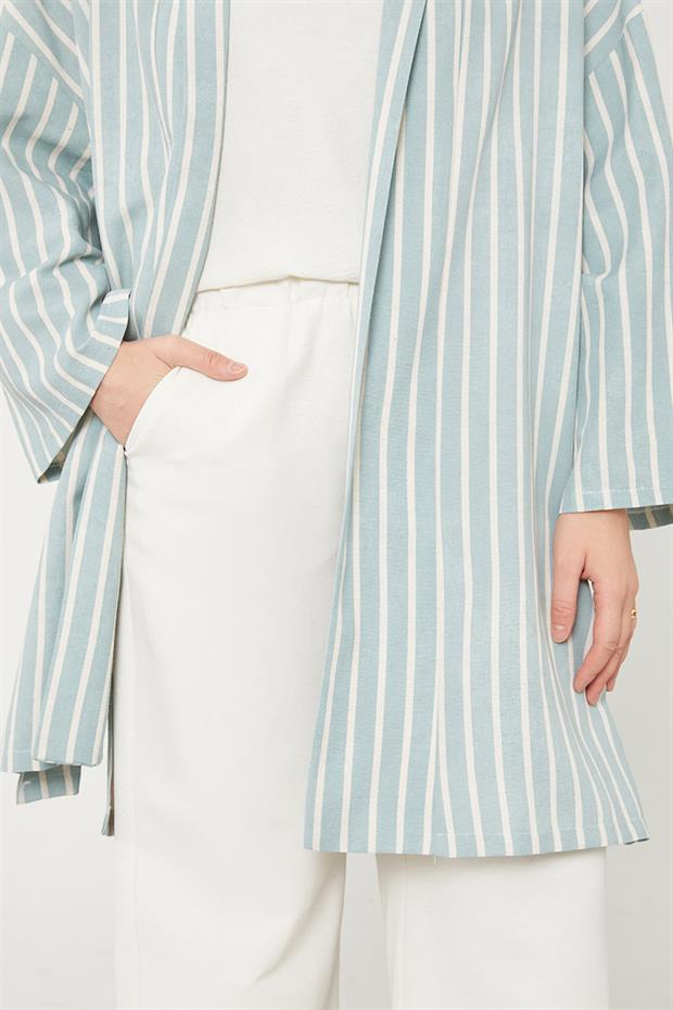 Mint Yeşili Çizgili Desen Kimono Takım