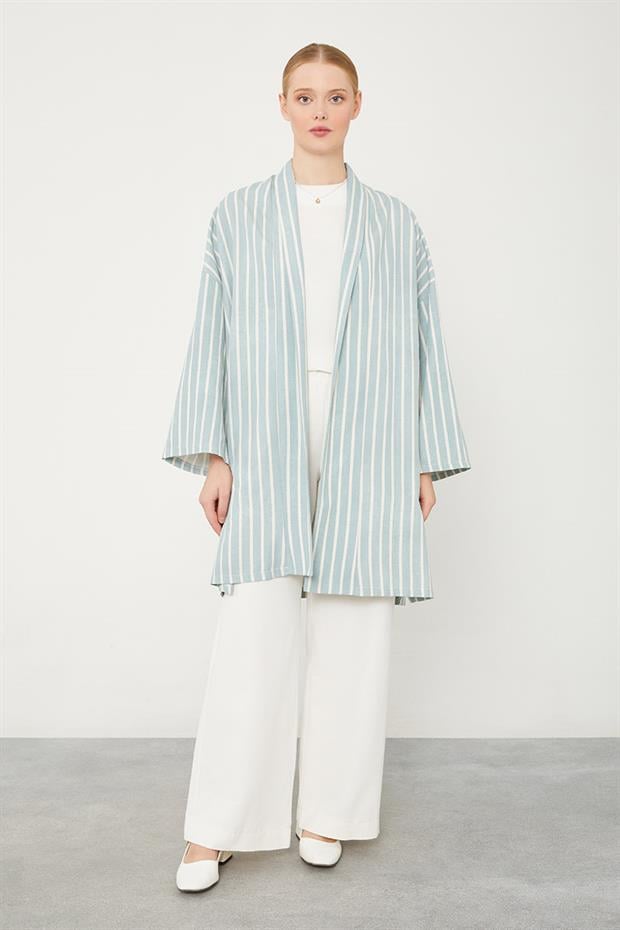 Mint Yeşili Çizgili Desen Kimono Takım