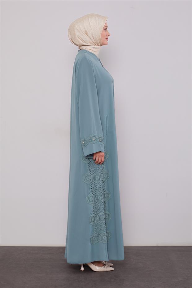 Mint Yeşili Dantel Detaylı Cepli Ferace