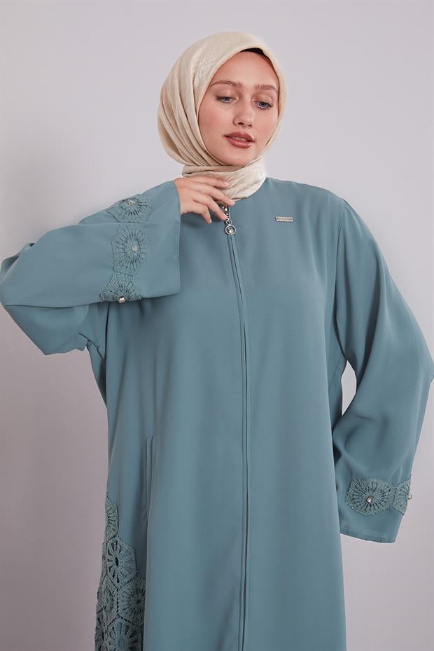 Mint Yeşili Dantel Detaylı Cepli Ferace