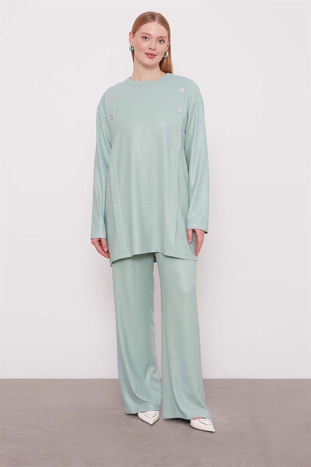Mint Yeşili Düğme Detaylı Bisiklet Yaka İkili Takım