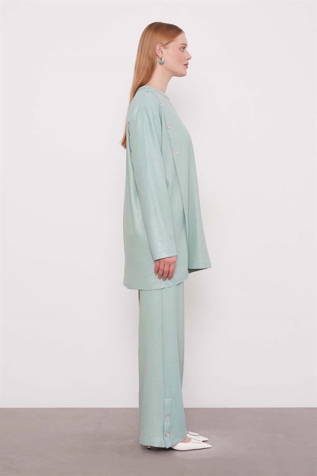 Mint Yeşili Düğme Detaylı Bisiklet Yaka İkili Takım