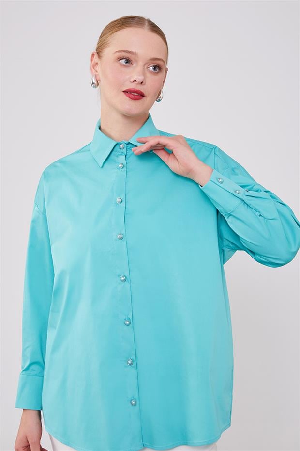 Mint Yeşili Düğme Detaylı Gömlek
