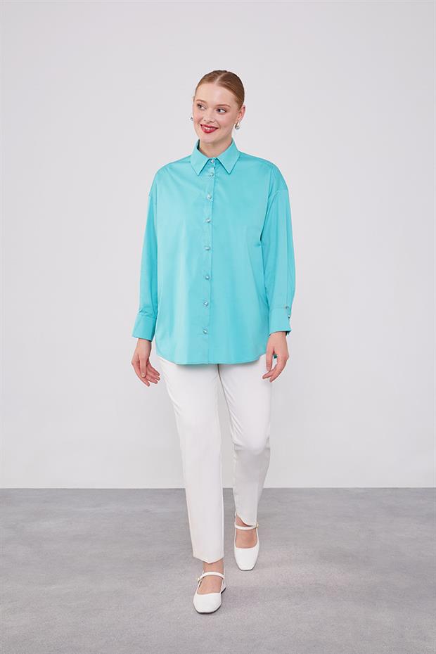 Mint Yeşili Düğme Detaylı Gömlek