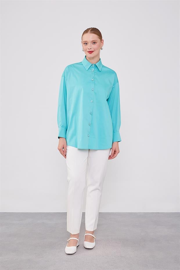 Mint Yeşili Düğme Detaylı Gömlek