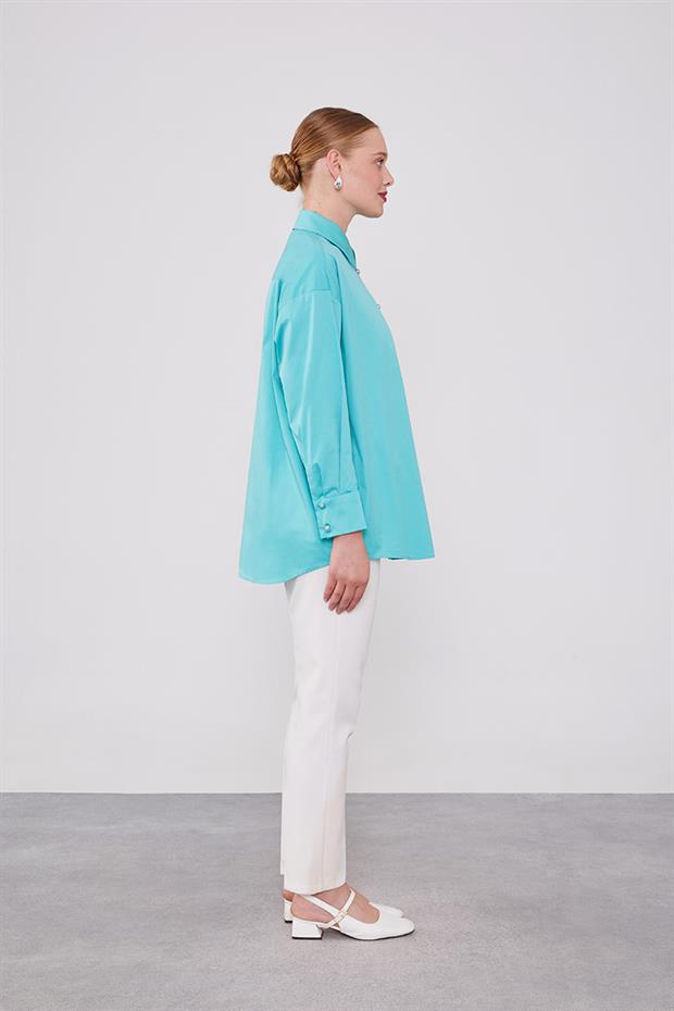 Mint Yeşili Düğme Detaylı Gömlek