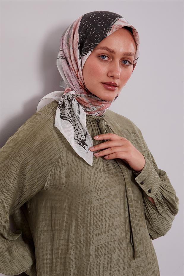 Mint Yeşili Etnik Desen Pamuk Eşarp