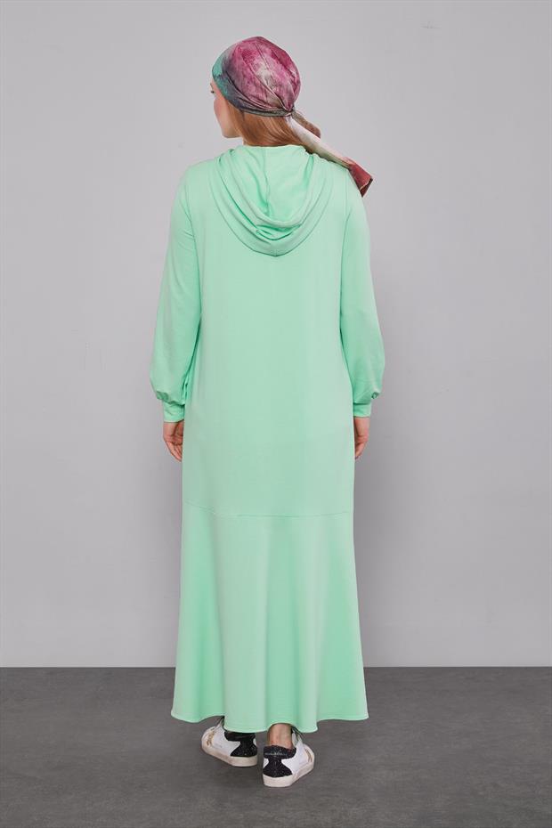 Mint Yeşili Kapuşonlu Gizli Cep Detaylı Elbise
