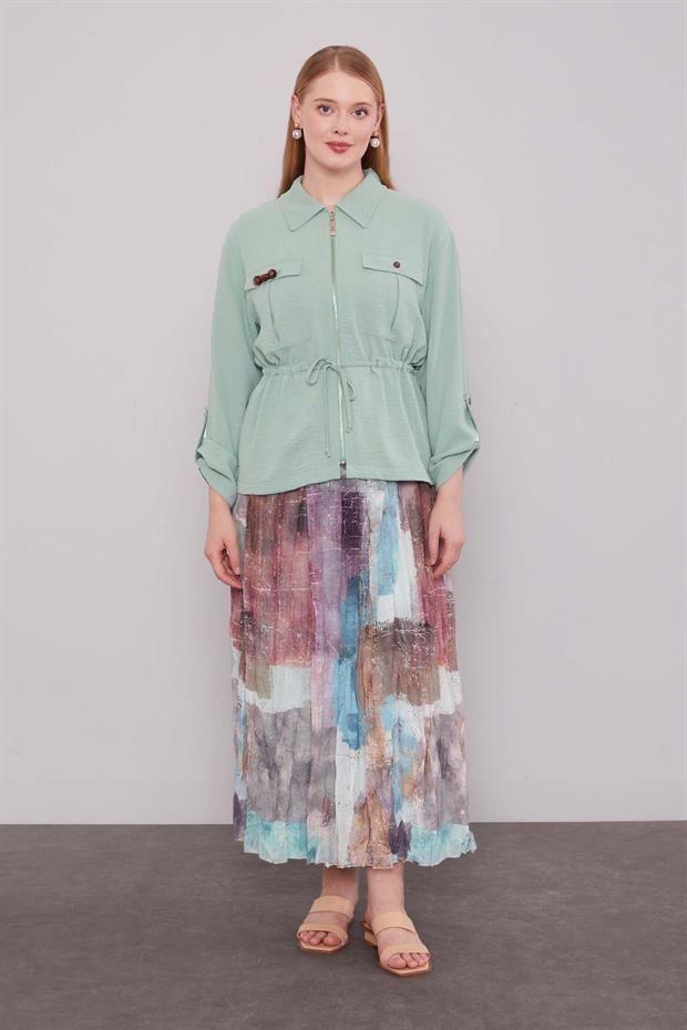 Mint Yeşili Karışık Desenli Etek Takım