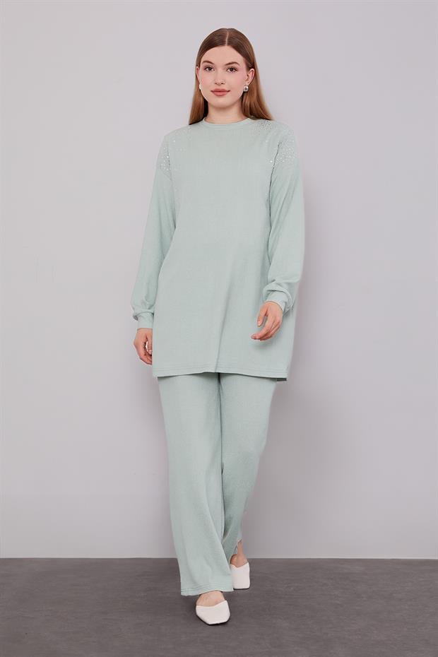 Mint Yeşili Omzu Taş İşlemeli İkili Takım