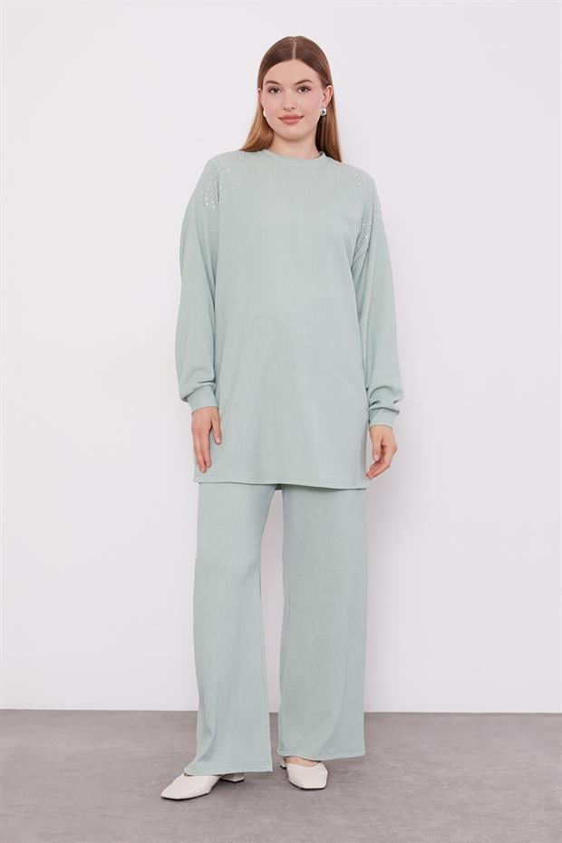 Mint Yeşili Omzu Taş İşlemeli İkili Takım
