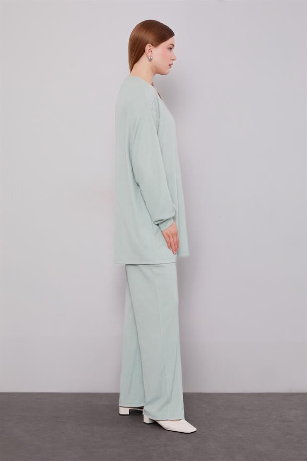 Mint Yeşili Omzu Taş İşlemeli İkili Takım