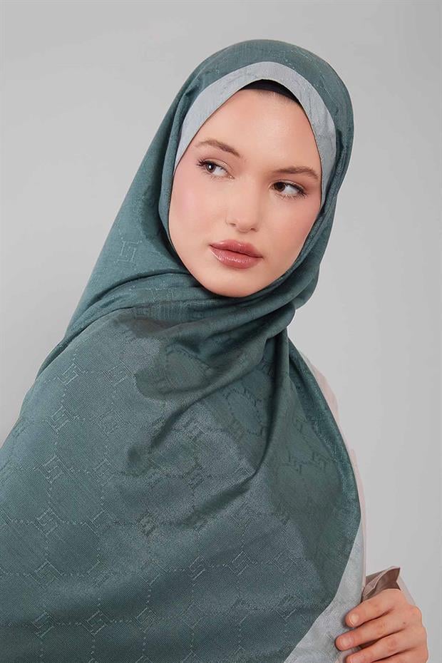 Mint Yeşili Petek İşlemeli Monogram Şal
