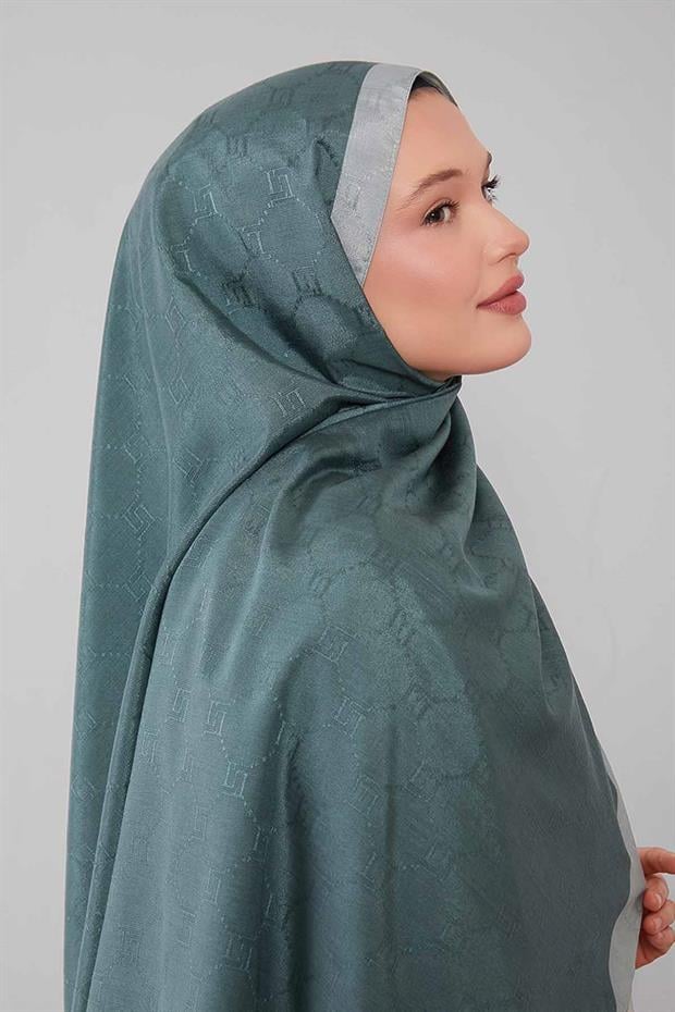 Mint Yeşili Petek İşlemeli Monogram Şal