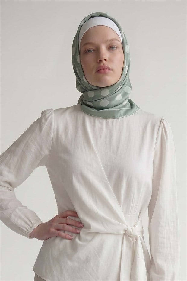 Mint Yeşili Puantiyeli Twill İpek Eşarp