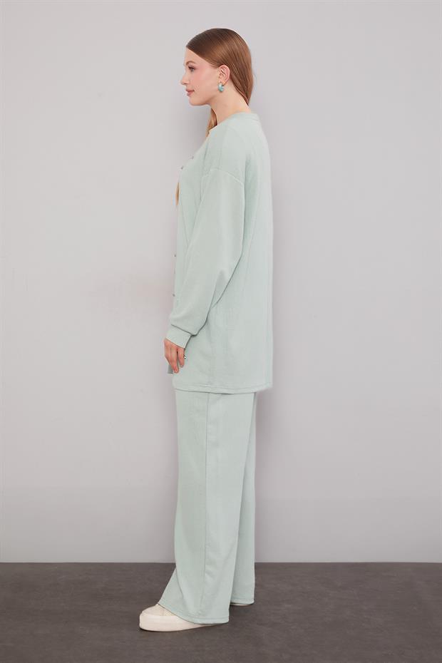 Mint Yeşili Şerit Taş Detaylı İkili Takım