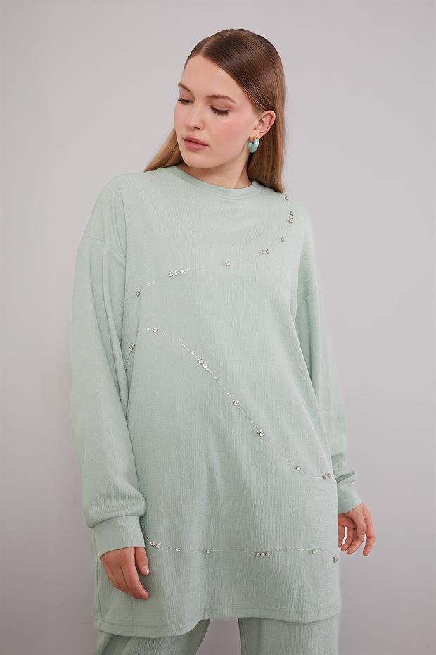 Mint Yeşili Şerit Taş Detaylı İkili Takım