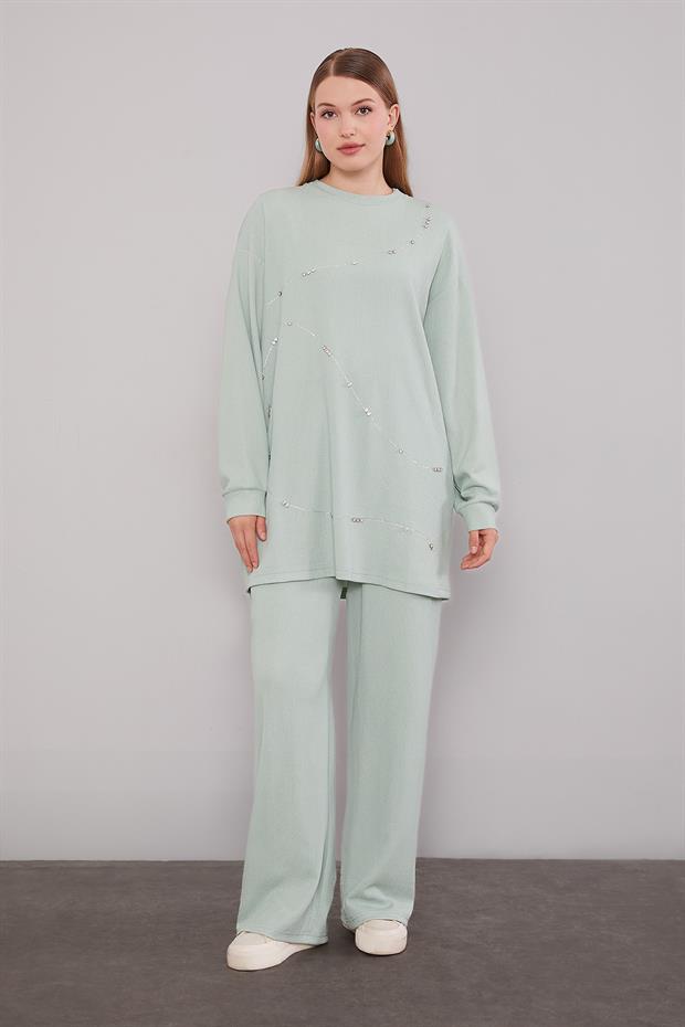 Mint Yeşili Şerit Taş Detaylı İkili Takım
