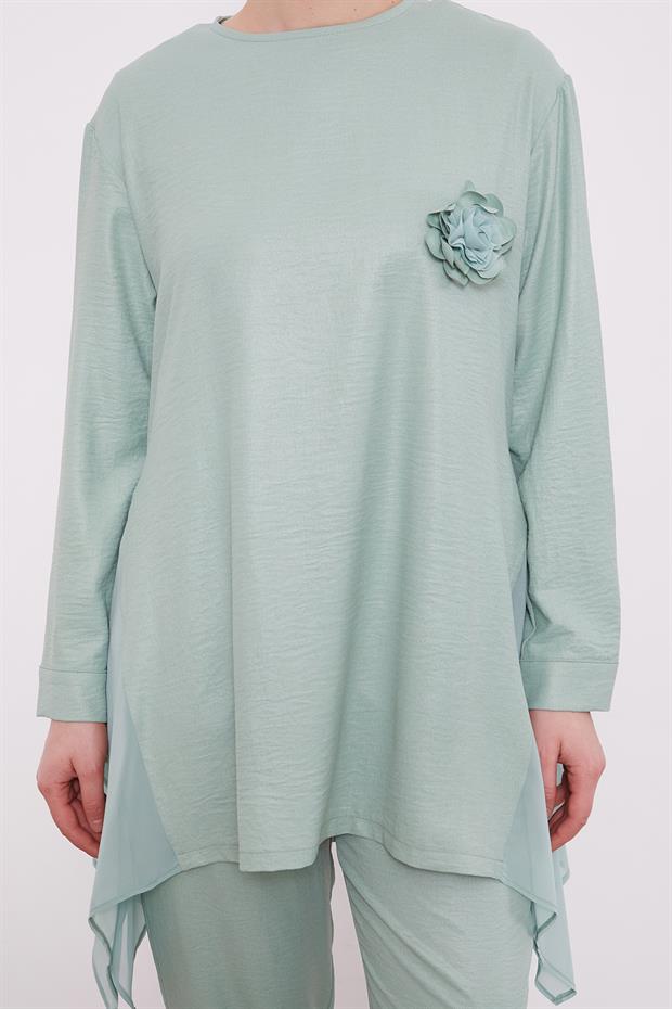 Mint Yeşili Gül Yaka Detaylı İkii Takım