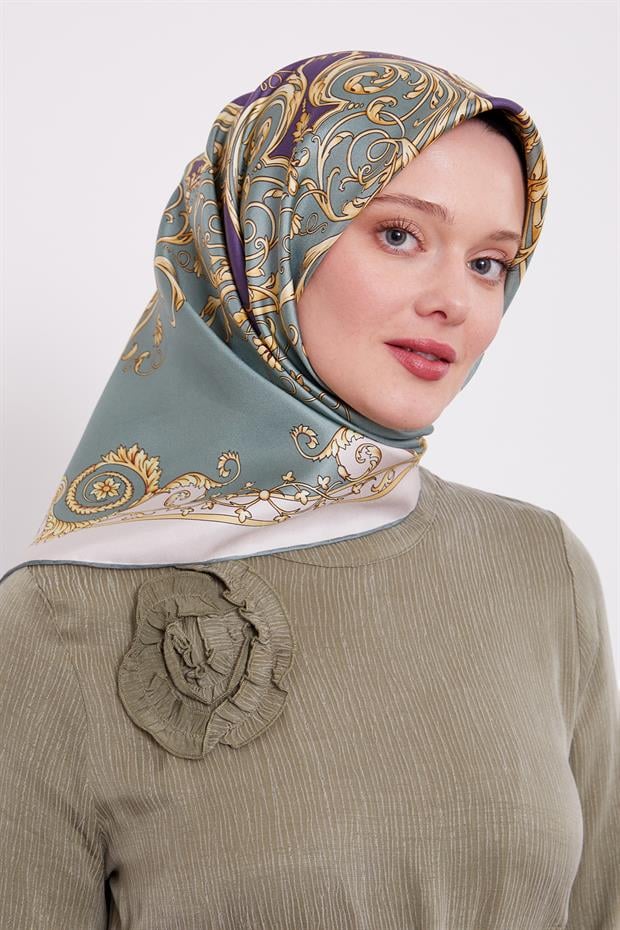 Mint Yeşili Varak Desenli Twill İpek Eşarp