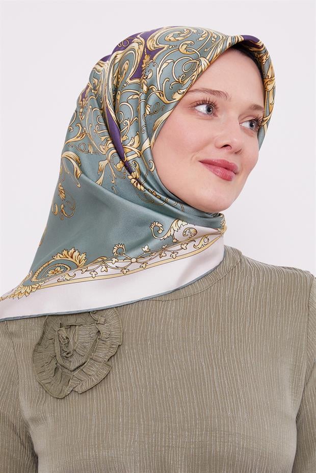 Mint Yeşili Varak Desenli Twill İpek Eşarp