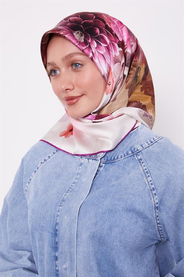 Mor Çiçek Desen Sura İpek Eşarp