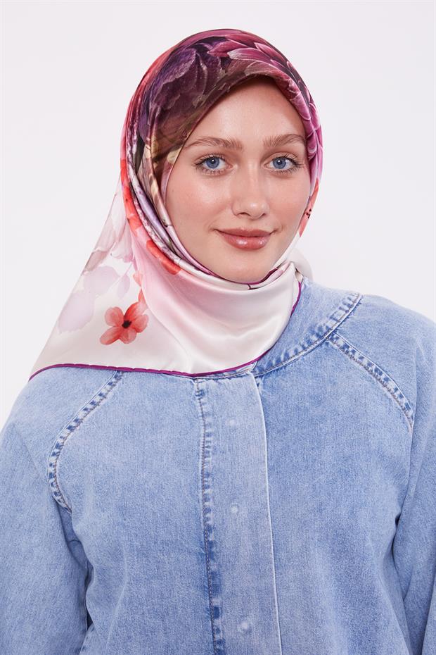 Mor Çiçek Desen Sura İpek Eşarp