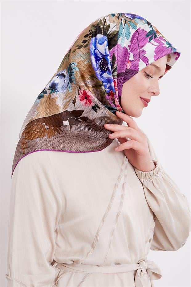 Mor Çiçek Desen Twill İpek Eşarp