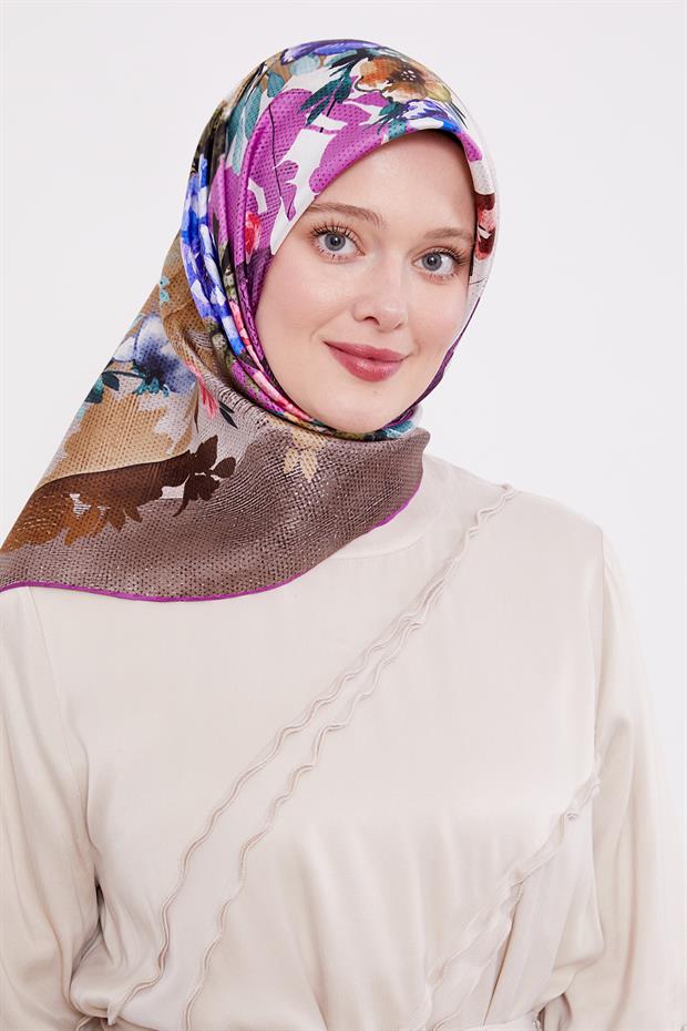 Mor Çiçek Desen Twill İpek Eşarp