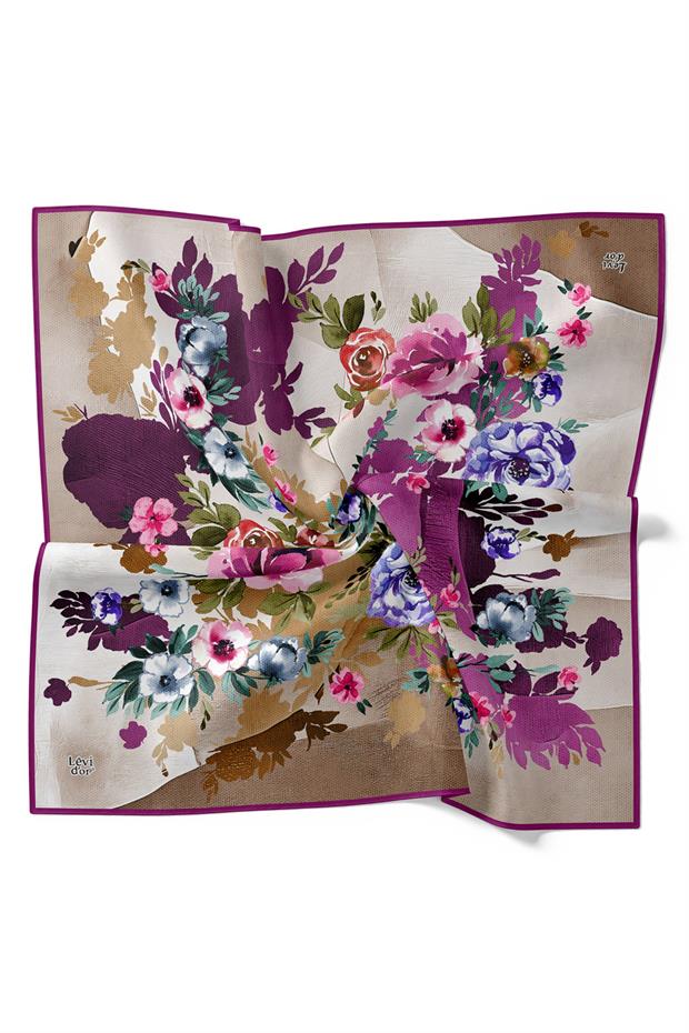 Mor Çiçek Desen Twill İpek Eşarp