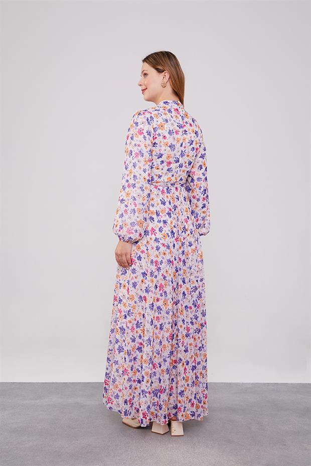 Mor Çiçek Desenli Belden Kuşaklı Elbise