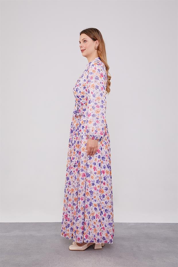Mor Çiçek Desenli Belden Kuşaklı Elbise
