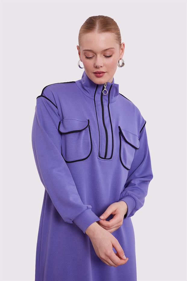 Mor Çizgi Cep Detaylı Elbise