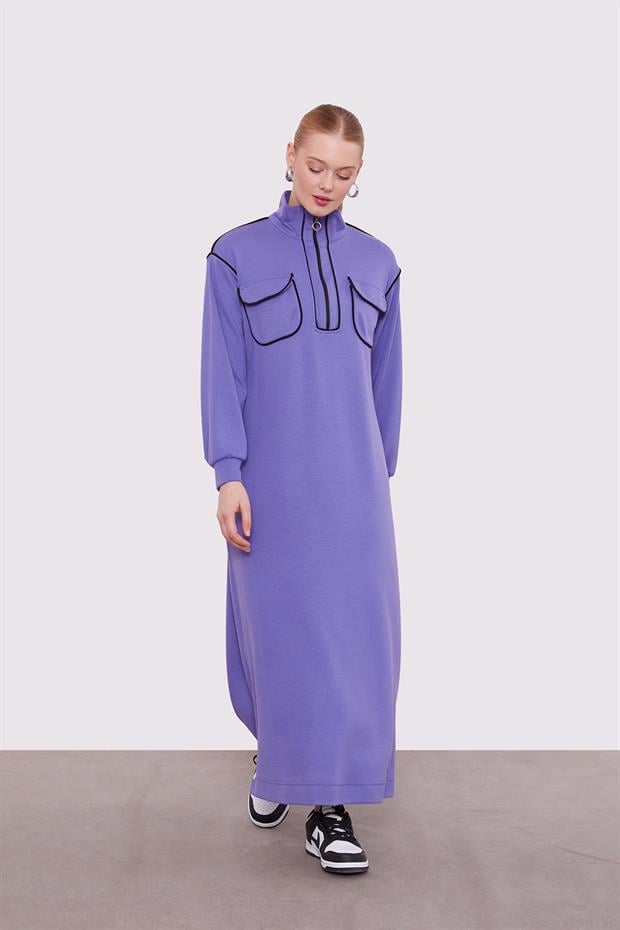 Mor Çizgi Cep Detaylı Elbise