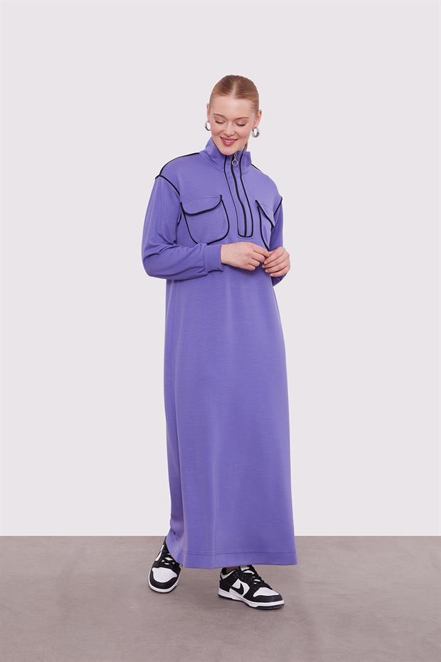 Mor Çizgi Cep Detaylı Elbise