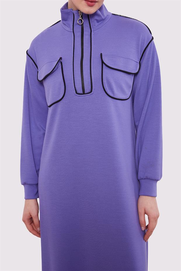 Mor Çizgi Cep Detaylı Elbise