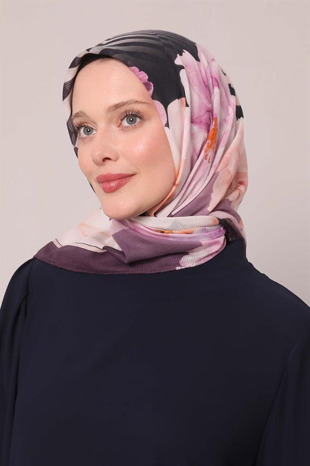 Mor Çizgili Çiçek Desen Pamuk Eşarp