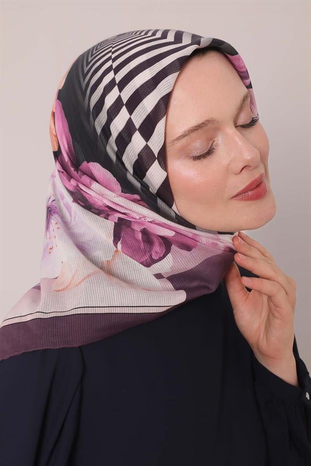 Mor Çizgili Çiçek Desen Pamuk Eşarp