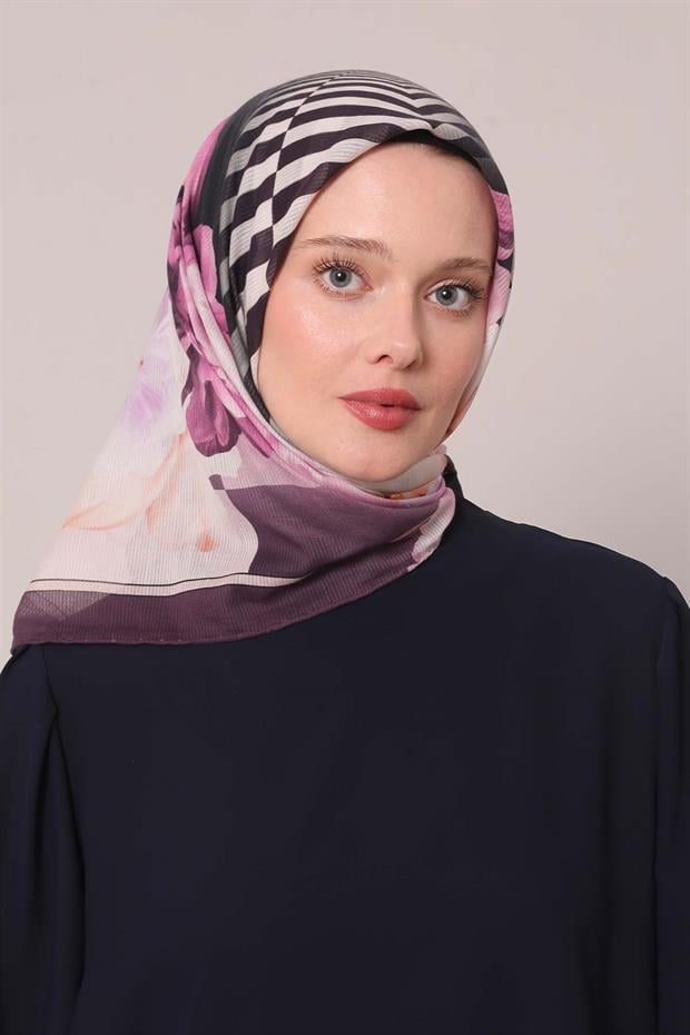 Mor Çizgili Çiçek Desen Pamuk Eşarp