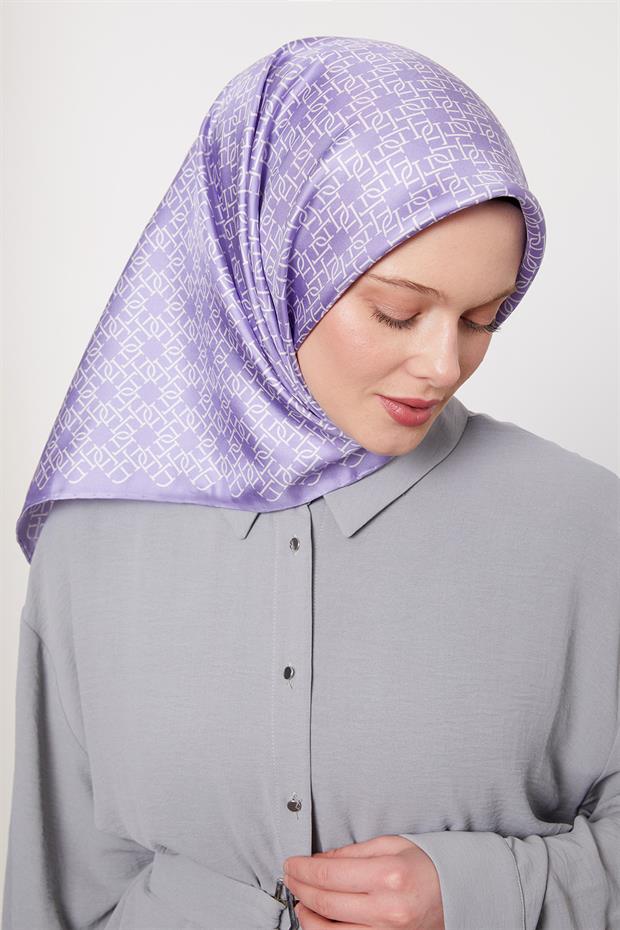 Mor Çizgili Sarmal Desen Twill İpek Eşarp