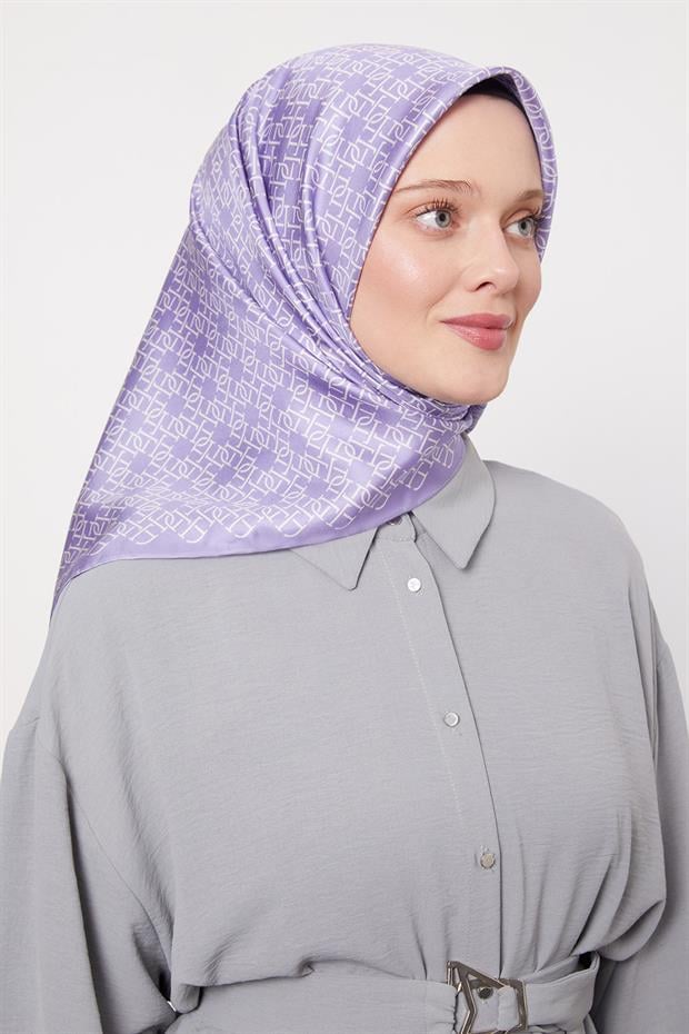 Mor Çizgili Sarmal Desen Twill İpek Eşarp