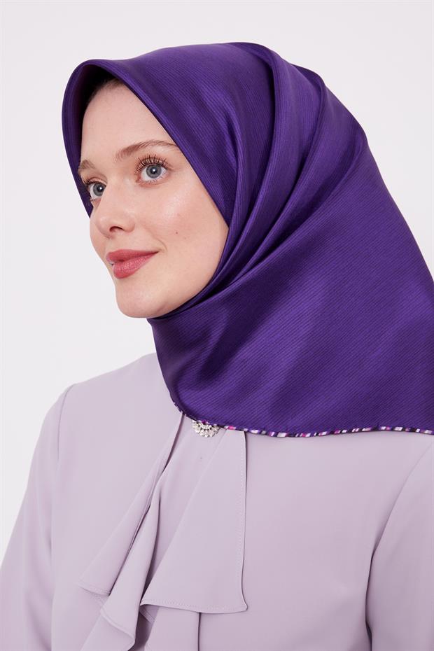 Mor Çizgili Twill İpek Eşarp