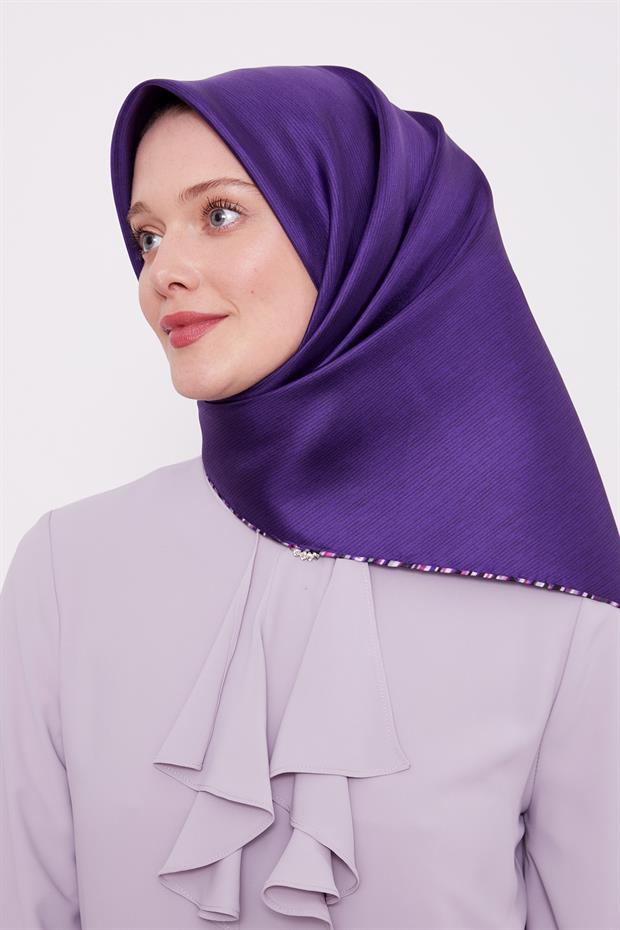 Mor Çizgili Twill İpek Eşarp